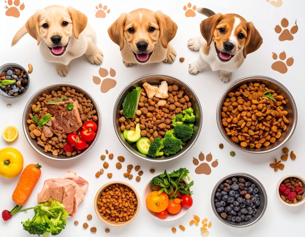 Dog puppies with food bowl