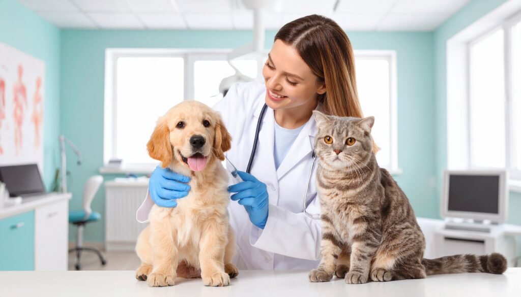 Dog and cat with vet during vaccination