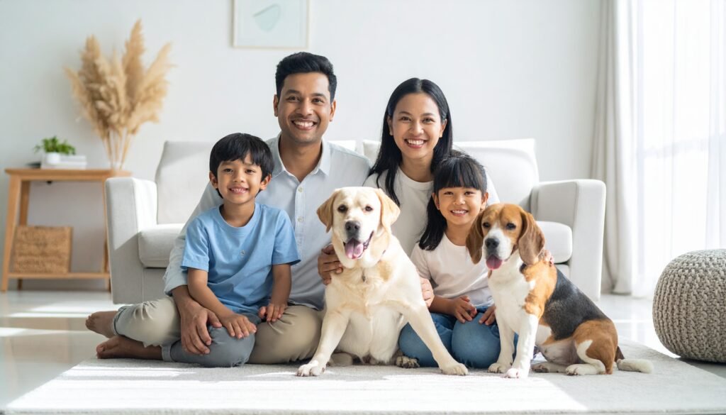 family with their dogs (Labradors and beagle)