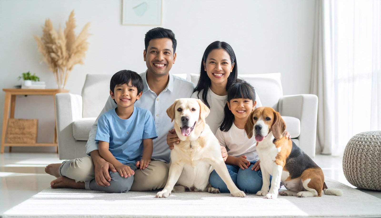 family with their dogs (Labradors and beagle)
